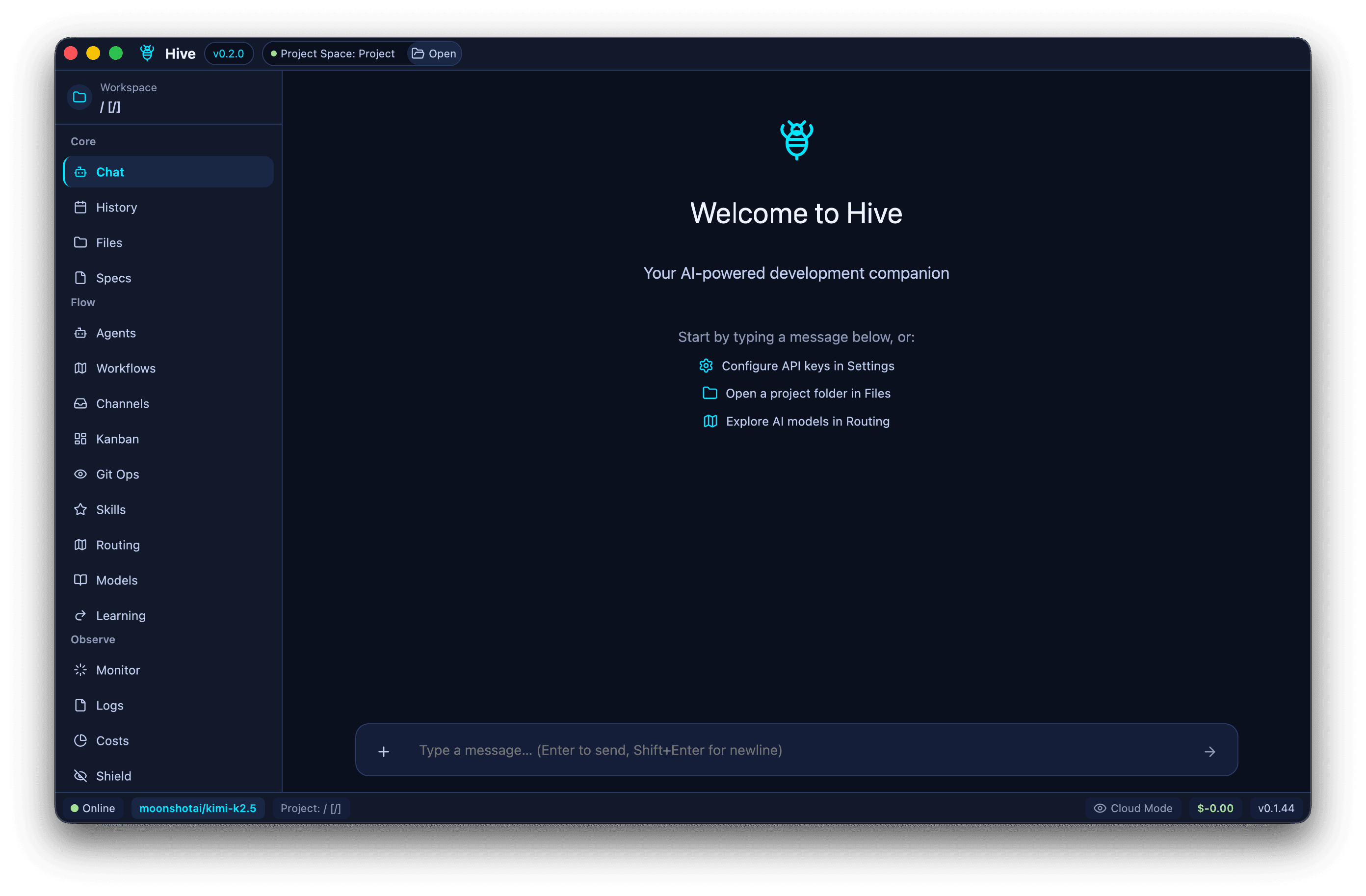 Hive desktop application — AI-powered development companion with chat, agents, git ops, and 24 live panels